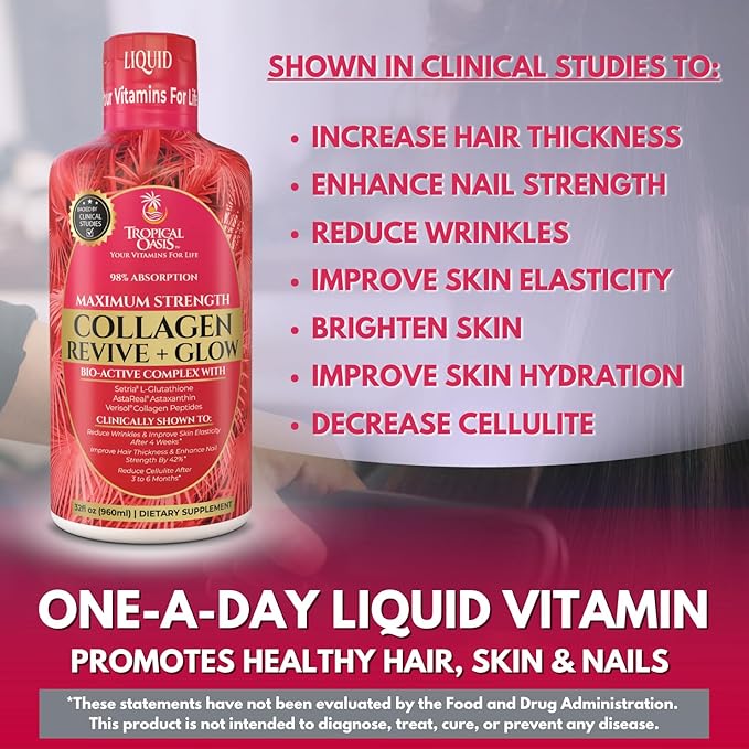 Tropical Oasis Liquid Collagen Glow for Women & Men | 5000mg VERISOL Collagen Peptides + 12500mcg Biotin | Clinically Tested for Thicker Hair, Brighter Skin, Wrinkles & Stronger Nails | 32 Serv