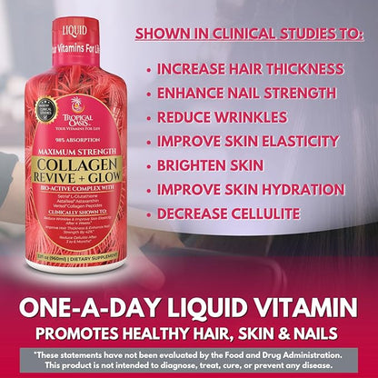 Tropical Oasis Liquid Collagen Glow for Women & Men | 5000mg VERISOL Collagen Peptides + 12500mcg Biotin | Clinically Tested for Thicker Hair, Brighter Skin, Wrinkles & Stronger Nails | 32 Serv