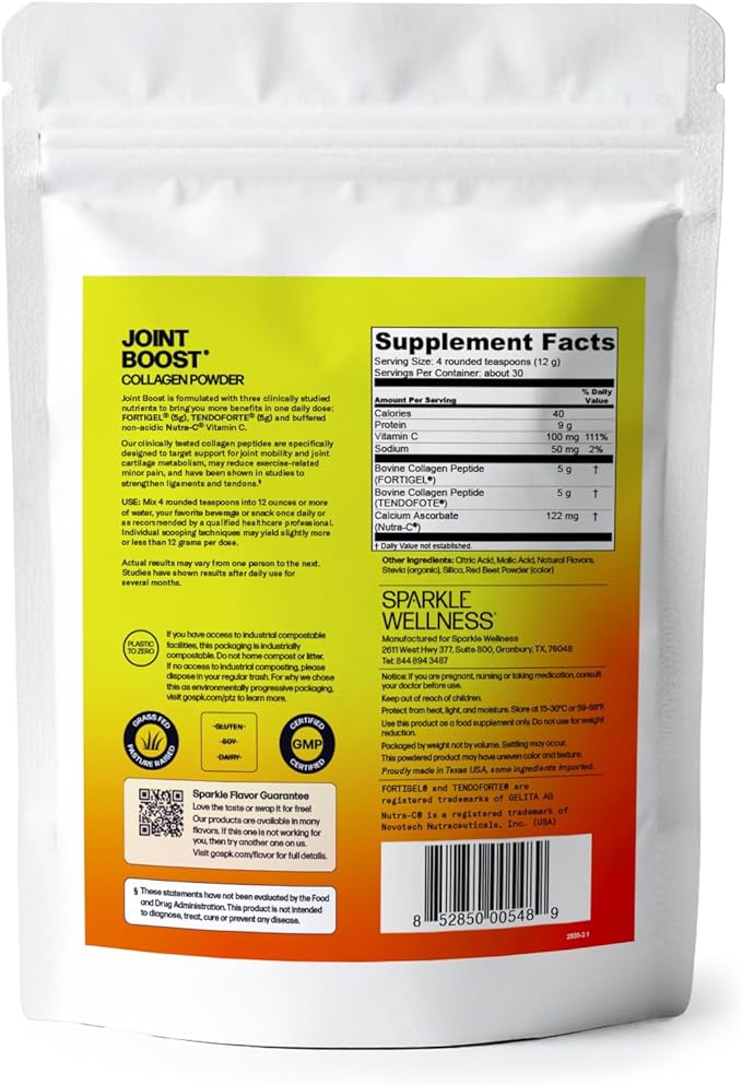 Sparkle Wellness FORTIGEL & TENDOFORTE Collagen Peptides | Collagen Powder with Calcium Ascorbate Vitamin C to Support Joint Mobility, Tendon & Ligament Health | Joint Boost (Mixed Berry) [30-Serves]