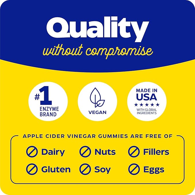 Enzymedica, Apple Cider Vinegar Gummies, Made with The Mother, 12 Organic, USA-Grown Apples per Bottle,1000 mcg Vitamin B12 per Serving, Natural Apple, 74 Count