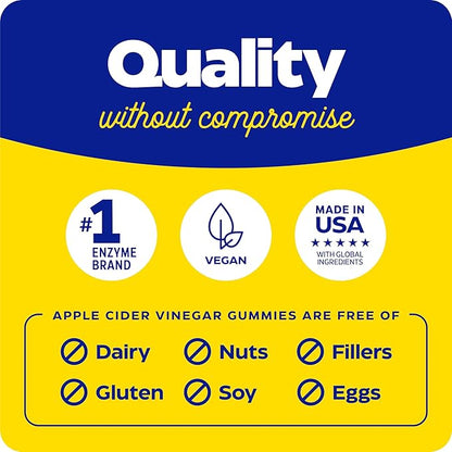 Enzymedica, Apple Cider Vinegar Gummies, Made with The Mother, 12 Organic, USA-Grown Apples per Bottle,1000 mcg Vitamin B12 per Serving, Natural Apple, 74 Count
