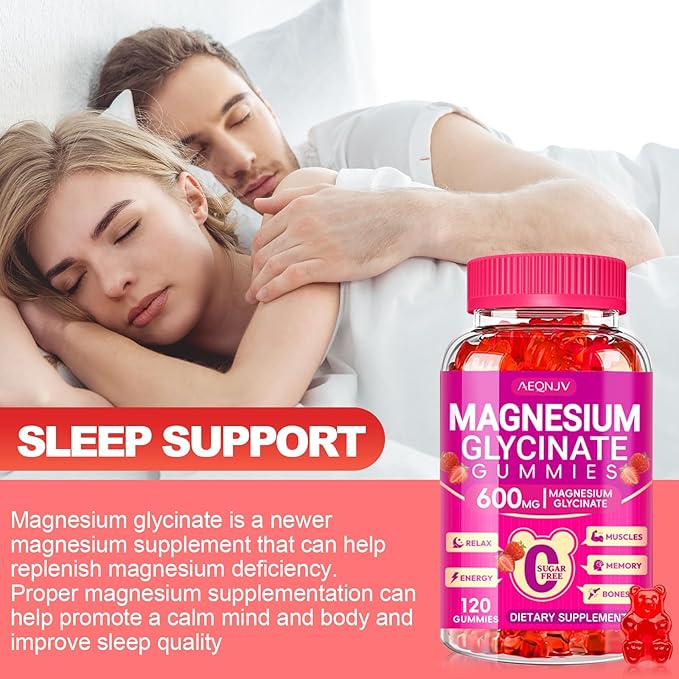 Magnesium Glycinate Gummies 600mg, Chewable Sugar Free Potassium Magnesium Gummies with Magnesium Glycinate, Vitamin D, B6 and CoQ10 for Sleep, Relaxation, Brain and Muscle, 60 Days Supply