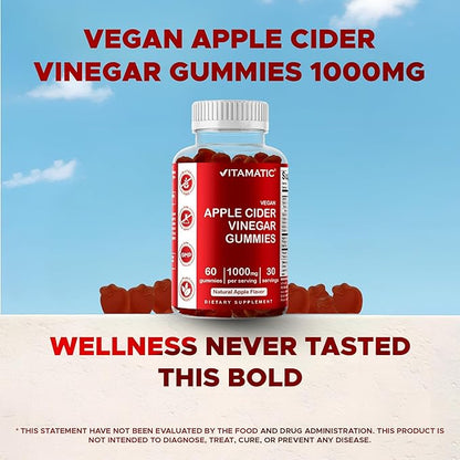 Vitamatic Apple Cider Vinegar Gummies - 1000mg per Serving - 60 Vegan Gummies - ACV Gummies for Detox, Weight Loss Support, Energy Boost, Digestion & Gut Health