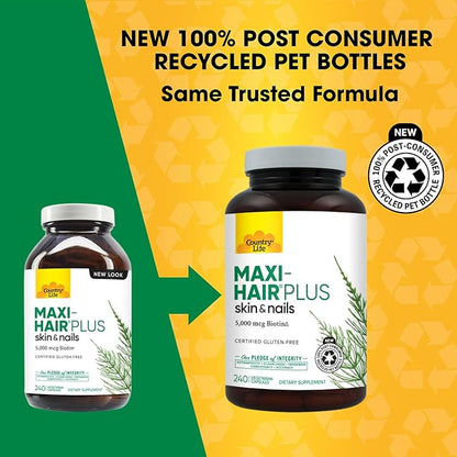 Country Life, Maxi-Hair Plus Biotin, Supports Healthy Hair, Skin and Nails, Daily Supplement, 240 ct