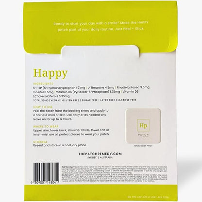 The Patch Remedy Happy Patch | 5-HTP, L-Theanine, Rhodiola, Inositol, B6, Vitamin D3 | 30 Patches