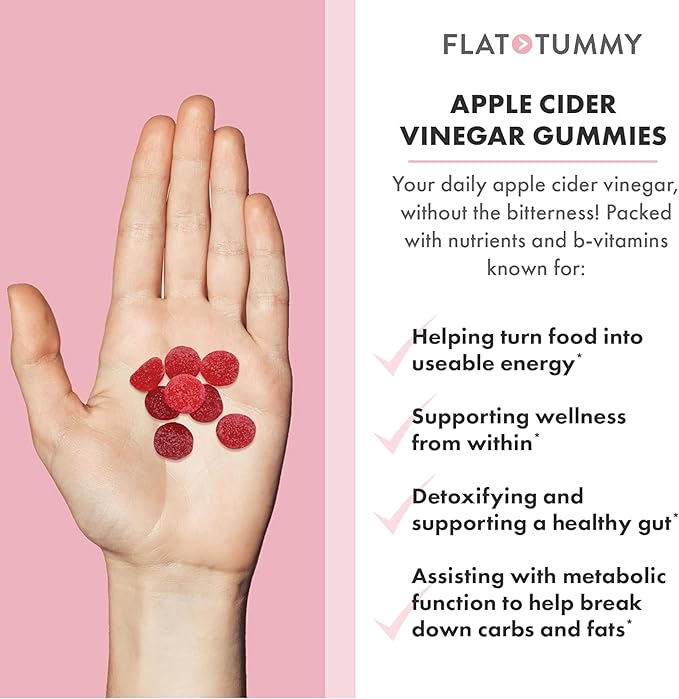 Flat Tummy Apple Cider Vinegar Gummies,– ACV Gummies,Detox,Support Gut Health – Vegan-Friendly,Non-GMO - Beet and Pomegranate Superfood Powders,Vitamins B6,B9 & B12,60 Count (Pack of 3)