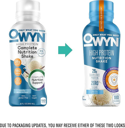 OWYN Only What You Need High Protein Shake, Chocolate and Vanilla Flavored, 26g Protein, 0g Sugar, 3g Fiber, Dairy Free, Plant Based Protein Drink, 12 Count
