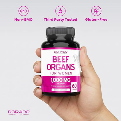 Beef Organ Supplement for Women - Grass Fed Beef Liver, Heart, Kidney & Uterus 1000mg Per Serving - Support Women's Energy & Overall Health - Third Party Tested & Non GMO - USA Made (60 Capsules)