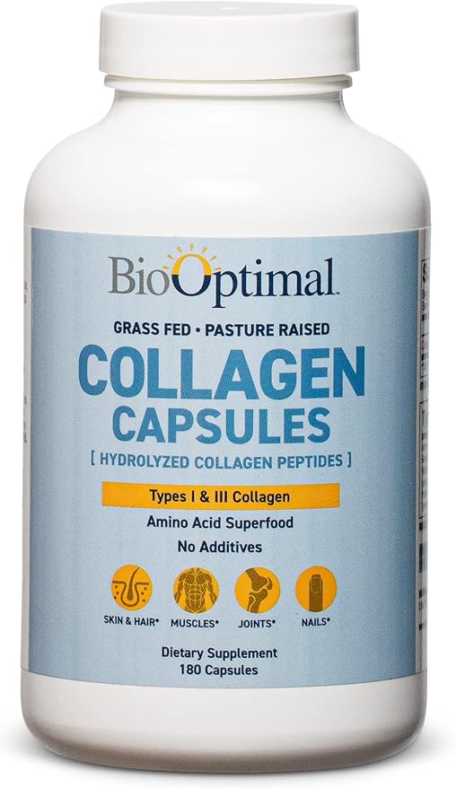 BioOptimal Collagen Peptides Capsules - Grass-Fed, Pasture-Raised Hydrolyzed Protein Supplement for Skin, Hair, & Nails - Non-GMO, Zero Sugar Daily Pills for Men & Women (180 Capsules)