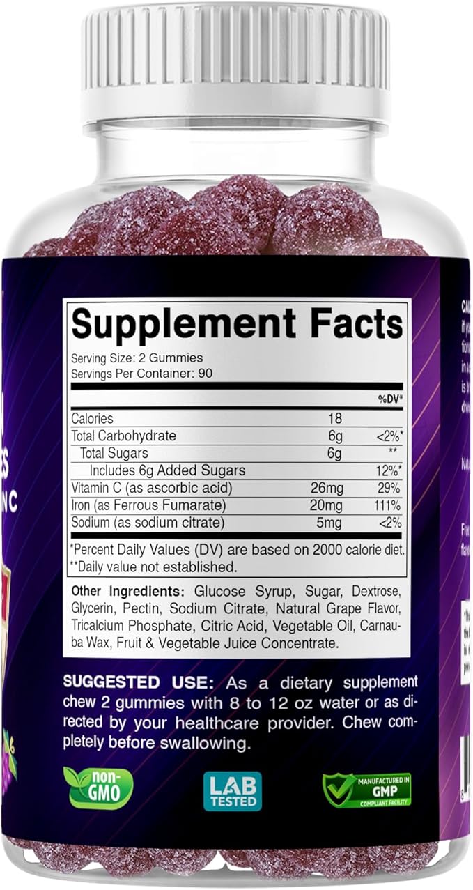 Vitabod Iron Gummies Supplement for Women, Men & Kids - 20mg - with Vitamin C - Dietary Supplement for Red Blood Cell Support, 180 Pectin Based Gummies