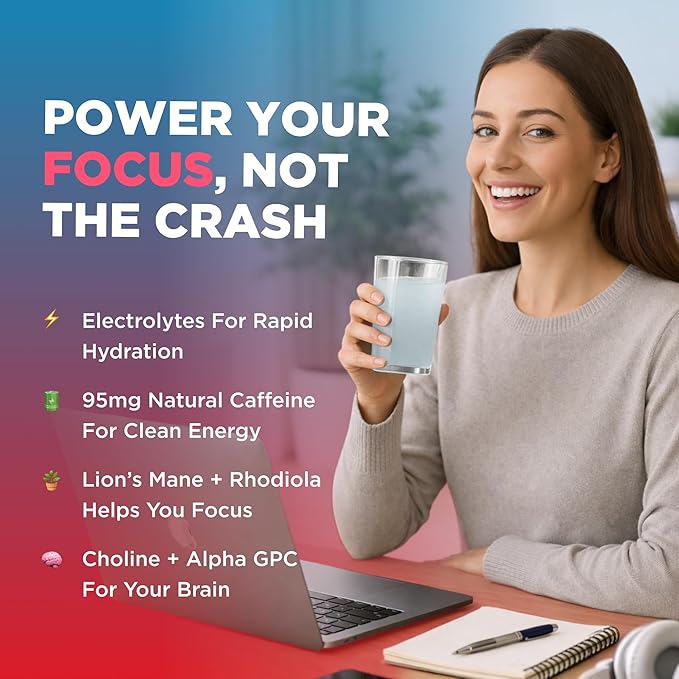 Keto Vitals Super Focus Drink Mix with Electrolytes & Caffeine Powder Packets - Nootropic Brain Support Supplement for Energy and Focus - Includes Lions Mane, L Tyrosine & Rhodiola - 30 Servings