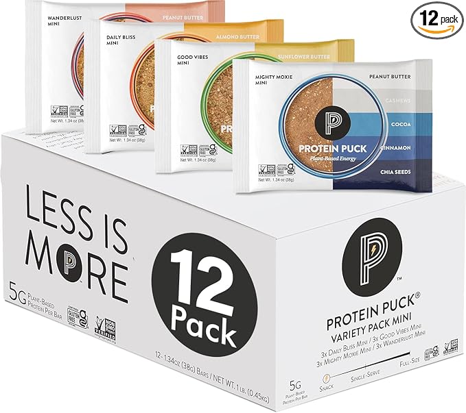 Protein Puck Vegan Plant based Protein Bar – Natural Healthy Snack Bars, 12 Count, 1.34oz Mini, Gluten Free, Dairy Free, No GMO, Kosher – Variety pack - Dark Chocolate, Peanut Butter, Sport Nutrition