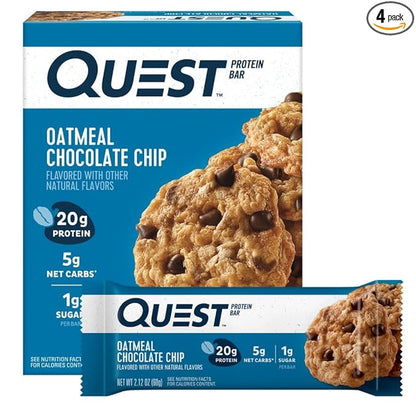 Quest Nutrition Oatmeal Chocolate Chip Protein Bars, 20g Protein, 1g Sugar, 5g Net Carb, Gluten Free, Keto Friendly, 4 Count