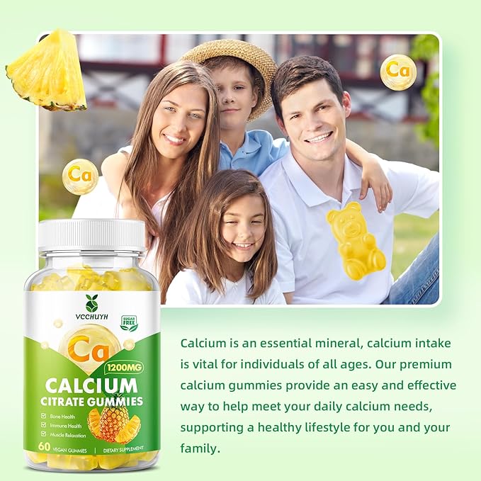 Calcium Citrate Gummies 1200 mg, Sugar Free Calcium Gummies for Adults & Kids, Chewable Calcium Supplements for Women, Bone & Immune Support, Pineapple Flavor 60 Count