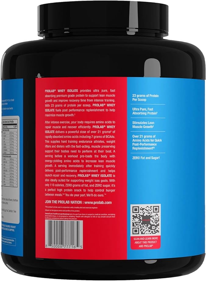 Prolab Whey Isolate 5LB, Ultra-Pure, Fast-Absorbing Whey Protein Isolate with 23g Protein & BCAAs,Supports Lean Muscle Growth, Recovery & Performance (Vanilla Ice Cream)