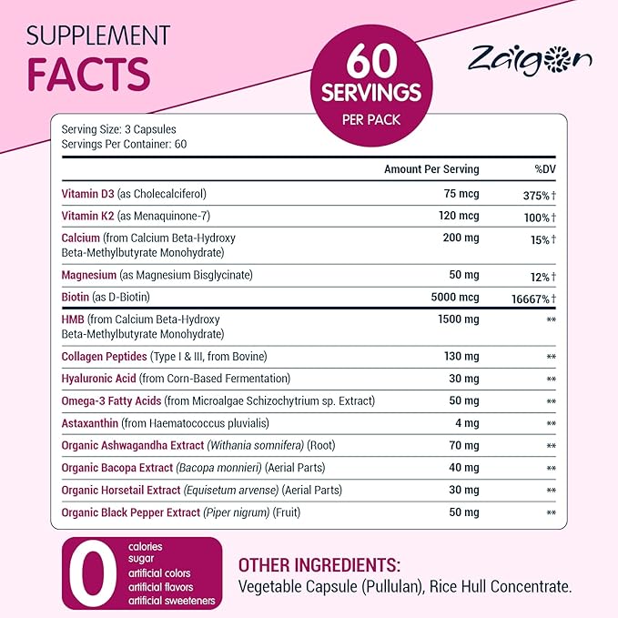 Zaigon HMB Supplements for Women | Vitamin D3 K2, Ashwagandha, Magnesium, Omega 3, Collagen, Biotin, Hyaluronic Acid, Astaxanthin, Calcium | Skin Care, Muscle, Bone & Brain Support | 180 Capsules