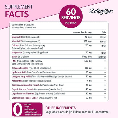 Zaigon HMB Supplements for Women | Vitamin D3 K2, Ashwagandha, Magnesium, Omega 3, Collagen, Biotin, Hyaluronic Acid, Astaxanthin, Calcium | Skin Care, Muscle, Bone & Brain Support | 180 Capsules