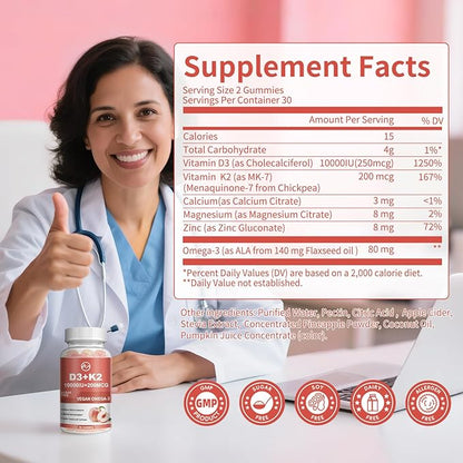 M inch Vitamin D3 K2 Gummies, Vitamin D3 10000IU, K2 (MK-7) 200mcg, 6-in-1 Vitamina D3 Con K2 Supplement with Omega-3, Magnesium and Calcium for Bones, Teeth & Immune Support, Sugar Free, 2 Packs