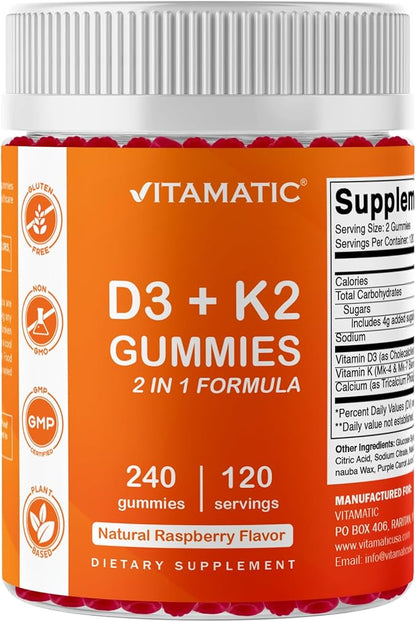 Vitamatic Vitamin D3 K2 with Calcium Gummies - 240 Count - Non-GMO, Gluten Free