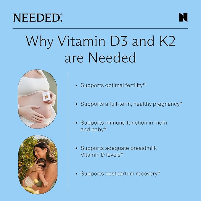 Needed. Expertly-Formulated Prenatal Vitamin D3/K2 | for Fertility, Pregnancy Breastfeeding, and Postpartum, Healthy Immunity and Bone Development, Supports Breast Milk Vitamin D Levels | 60 Capsules