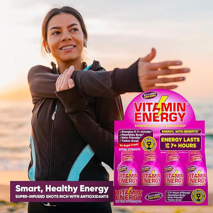 Vitamin Energy B12 11,000% Extra Strength Energy Shot Pink Berry 48 Pack, 260mg Natural Caffeine, B12 & B6, Nootropic Focus, Vitality, Zero Sugar, Gluten-Free, Vegan, Kosher, 1.93 fl oz