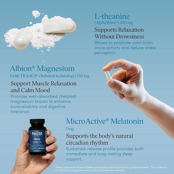 The 'Pause Life Sleep Supplement, Non Habit Forming Nighttime Blend of Magnesium, MicroActive Melatonin, & L Theanine, Sleep & Relaxation Support for Men & Women, Gluten Free, 60 Capsules, 30 Servings