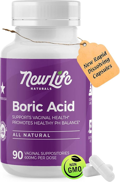 NewLife Naturals - Boric Acid Suppositories for Women - 600mg - Feminine Care - for Vaginal Odor Use - 100% Pure- Made in USA - 90 Capsules
