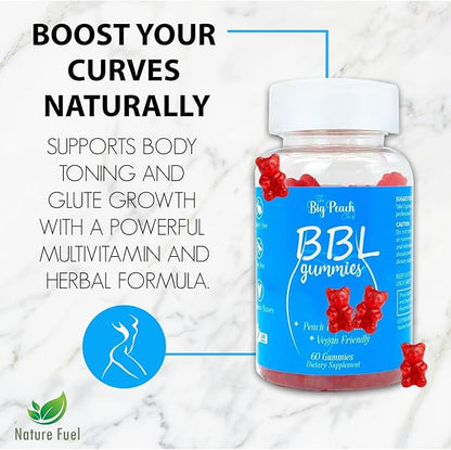 BBL Gummies for Women - Peach Growth Support with Collagen, Herbal Blend & Biotin, Fitness Multivitamins for Natural Curves, Confidence, Vegan & Cruelty Free - Natural Strawberry Flavor (60 Count)