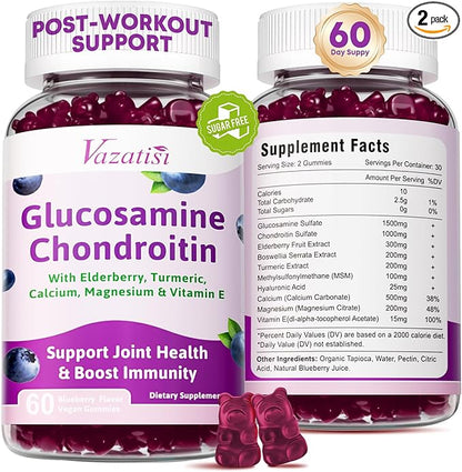 2 Pack Glucosamine Chondroitin Gummies - Glucosamine Chondroitin with MSM, Elderberry, Turmeric, Joint Support Supplement for Adults, Men & Women - Blueberry Flavor, 120 Cts