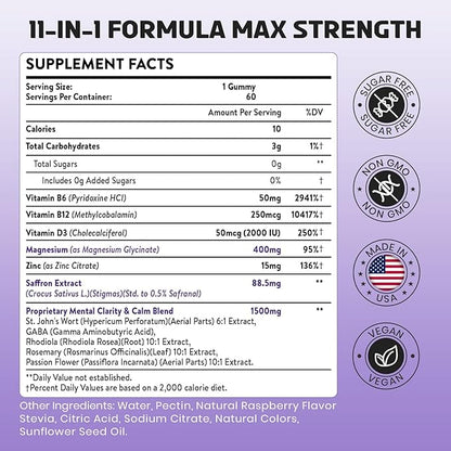 Saffron Gummies 88.5 mg with Magnesium, Max Strength Saffron Supplements with St. John’s Wort, GABA, Rhodiola, Rosemary & Passion Flower Extracts for Mood, Focus - 120 Servings