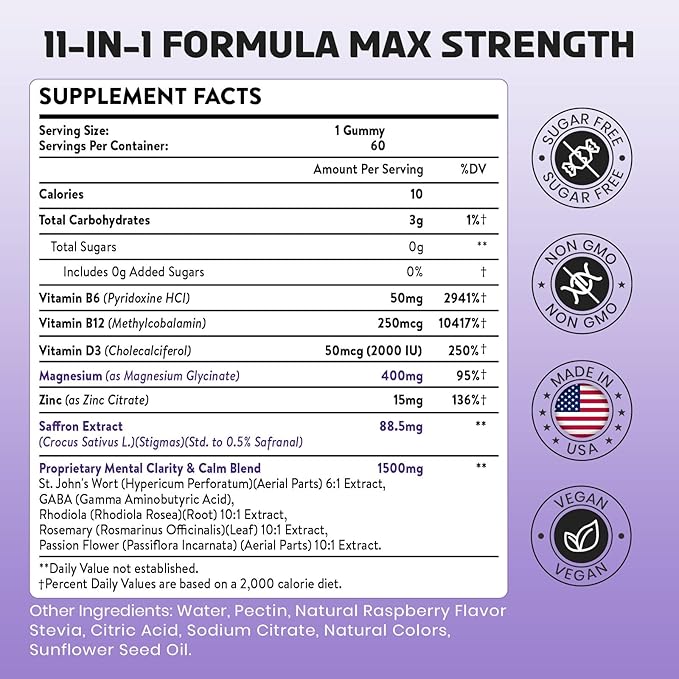 Saffron Gummies 88.5 mg with Magnesium, Max Strength Saffron Supplements with St. John’s Wort, GABA, Rhodiola, Rosemary & Passion Flower Extracts for Mood, Focus - 60 Servings