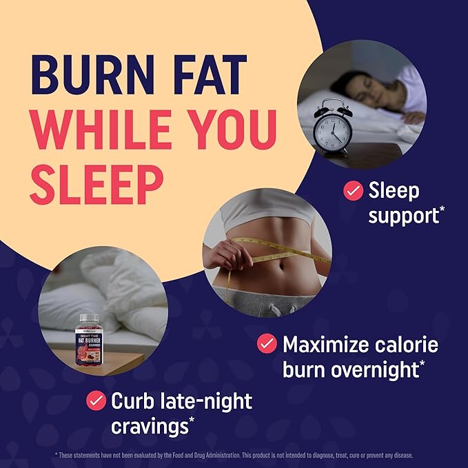 Night Time Fat Burner Gummies with Melatonin for Sleep & Weight Loss Support | Hunger Suppressant & Metabolism Booster, Shred Belly Fat While You Sleep | Diet Supplement for Women & Men | 60 Ct