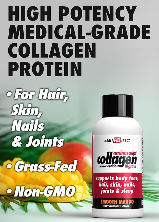 HEALTH DIRECT – Medical-Grade Liquid Collagen Shots – AminoSculpt Sugar-Free – Smooth Mango – 12 Servings, (12pk, 2oz Shots) – Good for Joints, Bones, & Sleep – Better Hair, Skin & Nails