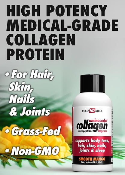 HEALTH DIRECT – Medical-Grade Liquid Collagen Shots – AminoSculpt Sugar-Free – Smooth Mango – 12 Servings, (12pk, 2oz Shots) – Good for Joints, Bones, & Sleep – Better Hair, Skin & Nails