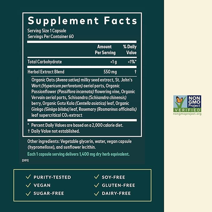Gaia Herbs Steady Mind - Supplement Support with Herbs Traditionally Used for Stress Relief* - with St. John's Wort, Passionflower, Vervain & Oats - 60 Vegan Liquid Phyto-Capsules (60 Servings)