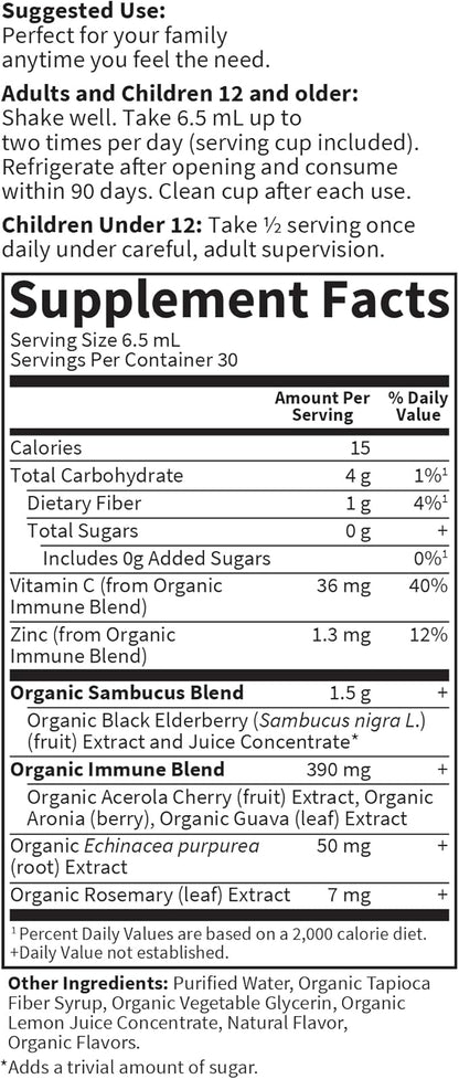 Garden of Life Organics Plant Based Elderberry Immune Syrup 6.59 floz (195 mL) for Kids & Adults - Sambucus, Echinacea, Zinc & Vitamin C, 0g Sugar, Organic Vegan Gluten Free Herbal Supplement