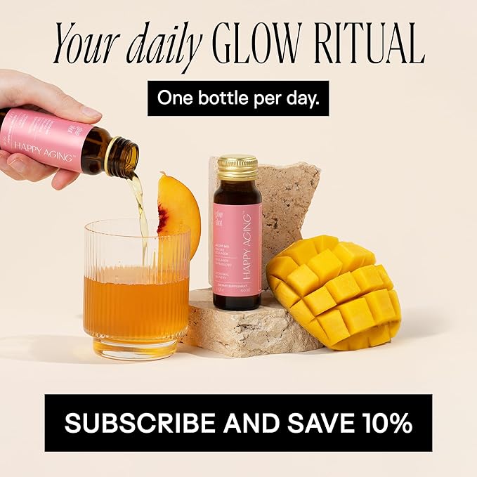 Happy Aging Marine Collagen Peptides Glow Shot 10,000mg - Liquid Collagen for Women with Liposomal Delivery - Promotes Skin Hydration, Elasticity & Radiance - Supports Hair & Nails, 10 Shots