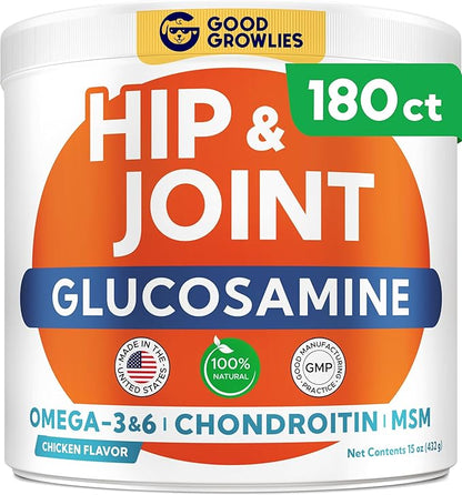 Glucosamine for Dogs Hip & Joint Supplement - Chondroitin, Omega-3, MSM - Joint Health & Pain Relief - Senior & Large Dogs - Made in USA - 180 Mobility Chews