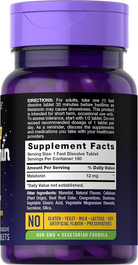 Carlyle Melatonin 12 mg Fast Dissolve 180 Tablets | Drug Free | Natural Berry Flavor | Vegetarian, Non-GMO, Gluten Free