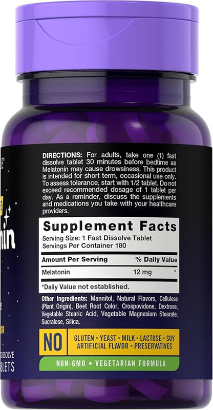 Carlyle Melatonin 12 mg Fast Dissolve 180 Tablets | Drug Free | Natural Berry Flavor | Vegetarian, Non-GMO, Gluten Free