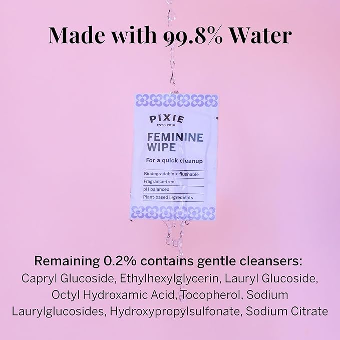 Pixie Feminine Wipes - Flushable, Biodegradable, & Ph Balanced - Individually Wrapped Packet Wipes for On The Go & Public Bathrooms - Wash & Cleaner For Your Menstrual Cups & Discs (1 Pack of 10)