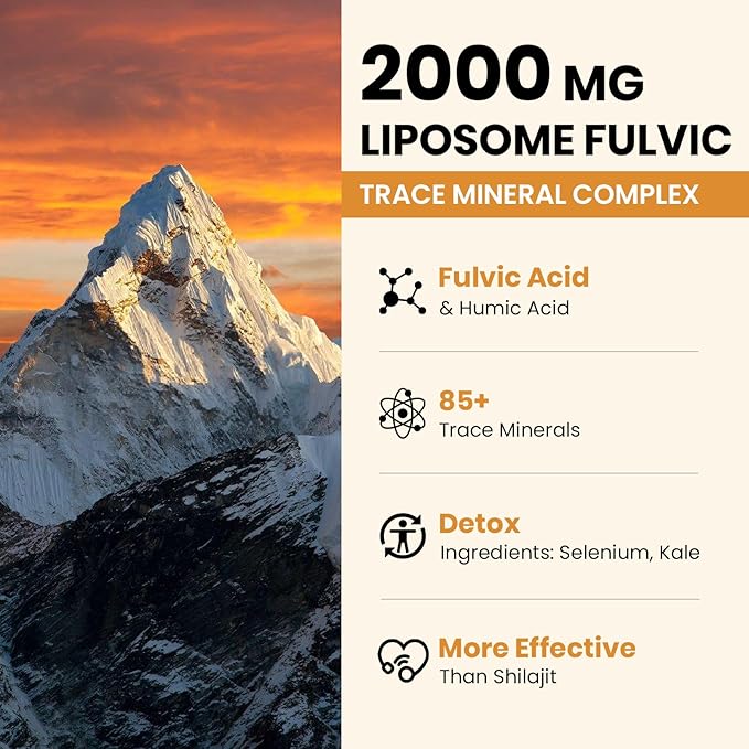 2000 MG Liposomal Fulvic Acid + Humic Acid + Trace Minerals Complex - More Potent Than Shilajit, Electrolytes Liquid Supplement with Organic Kale for Energy, Digestion, Immunity & pH Balance, 2 Oz