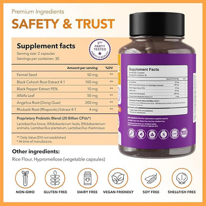 Complete Menopause Support Supplement for Women | Menopause Synbiotic with Black Cohosh, Dong Quai, Rhubarb Root | Helps Easing Hot Flashes, Night Sweats, Restful Sleep | 60 Capsules