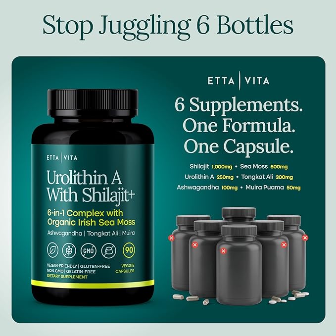 Urolithin-A Complex w Shilajit, Organic Sea Moss, Ashwagandha & Tongkat Ali, Natural Energy, Libido, Hormone Balance, and Focus for Men & Women (Made in USA - 3rd Party Tested)
