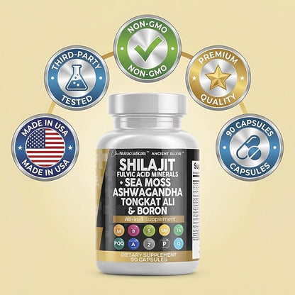 Clean Nutraceuticals Shilajit Supplement for Men with Sea Moss, Tongkat Ali, Ashwagandha, Boron, Zinc, CoQ10, PQQ - Fulvic Acid Capsules - Energy Support - 90 Count - Resin, Gummy & Powder Alternative