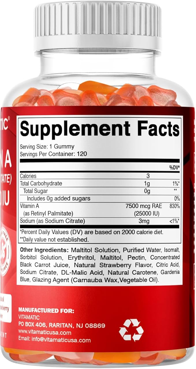 Vitamatic Sugar Free Vitamin A 25000 IU Gummies (Retinyl Palmitate) - Natural Strawberry Flavor - 120 Pectin Based Gummies (1 Bottle)
