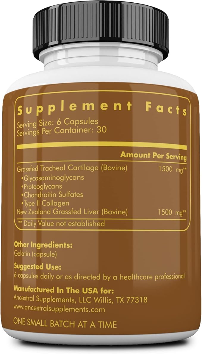 Ancestral Supplements Grass Fed Beef Tracheal Cartilage Supplement with Liver, 3000mg, Immune Health and Joint Support Supplement Promotes Healing, Non-GMO, 180 Capsules