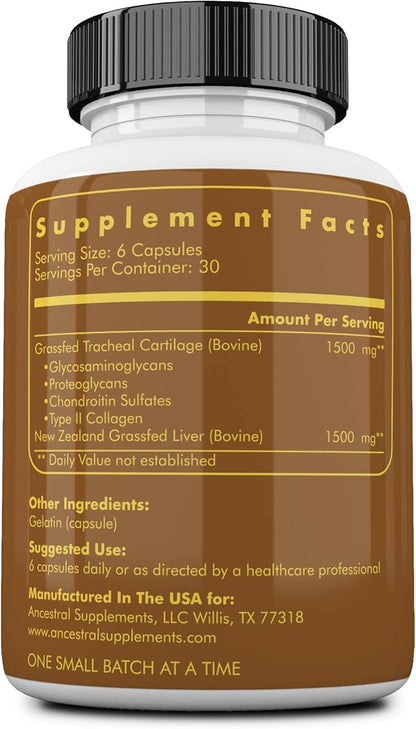 Ancestral Supplements Grass Fed Beef Tracheal Cartilage Supplement with Liver, 3000mg, Immune Health and Joint Support Supplement Promotes Healing, Non-GMO, 180 Capsules