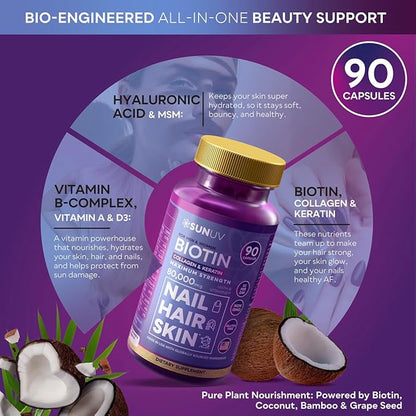 SUNUV Biotin 10,000mcg | Collagen | Keratin | Hyaluronic Acid - 80,000mcg Hair Growth Vitamins for Hair Skin & Nails Support - Women & Men - Vitamins B1,B2,B3,B5,B6,B9,B12 -Made in USA-90 Capsules