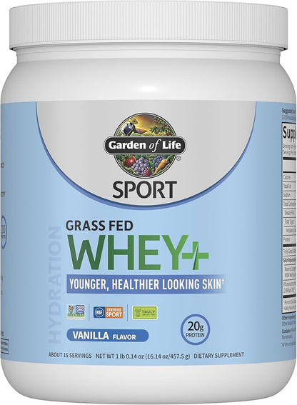 Garden of Life SPORT Whey Protein Powder Vanilla Flavor 20g Plus Marine Collagen Peptides & MSM for Women and Men, Optimum Amino Energy, Younger, Healthier Looking Skin - Grass Fed, About 15 Servings